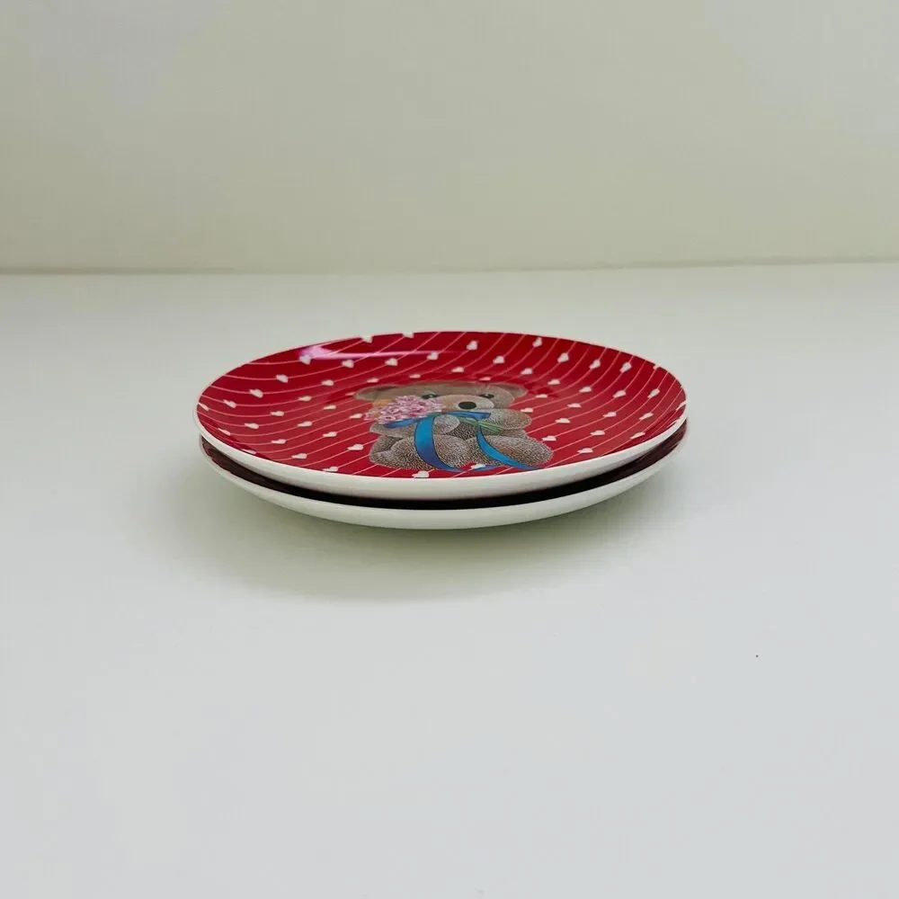 STEWART DANIELS Red Hearts Teddy Bear Pink Flowers Decorative Plates, Set of 2